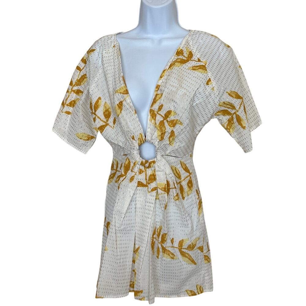 Sundress White Mini Dress XS Tropical Vacation Coverup Cotton Metallic $210